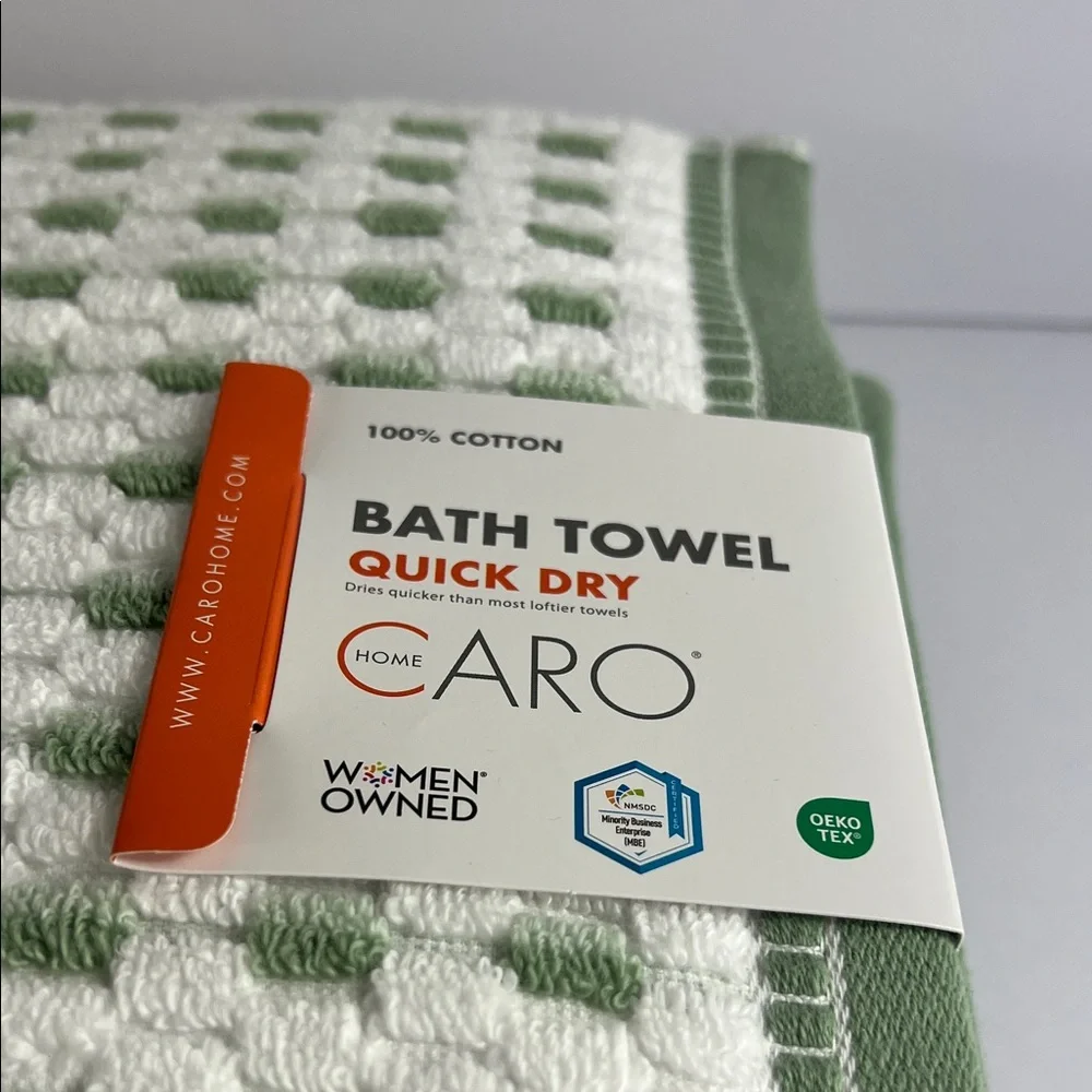 Caro Home Bath Towels Quick Dry Green and White Dot Print Cotton Set of 2 NEW
